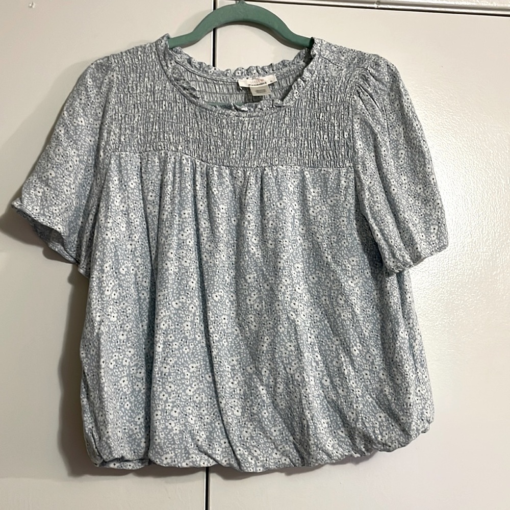 Large Blue White Little Flowers Bubble Blouse Fresh Top Flowy Spring Top